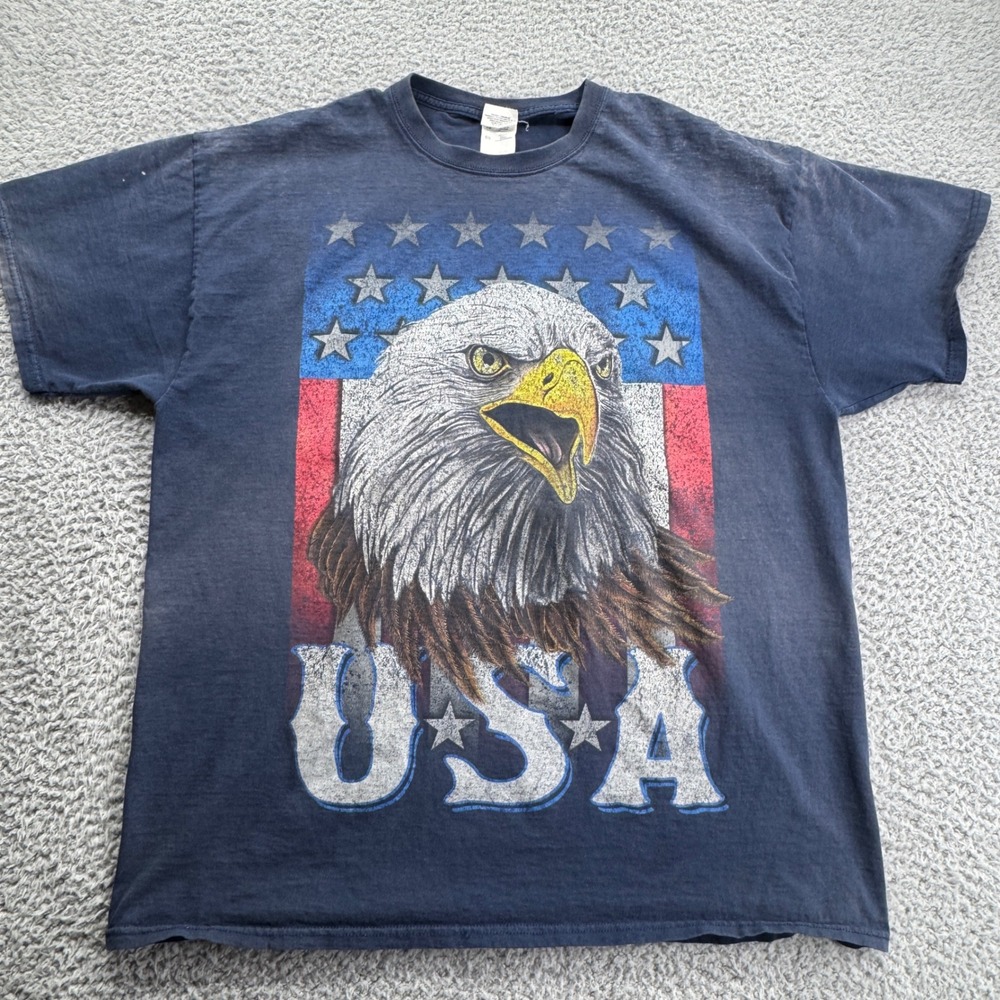 Fruit of the Loom USA Eagle Graphic T Shirt Men's XL Navy Blue Burnout‎